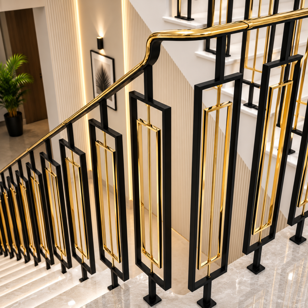 Luxury modern staircase railing design with black and gold finish for elegant home interiors
