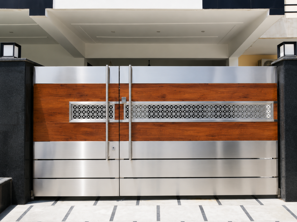 Premium Stainless Steel Main Gate featuring a modern horizontal slat design with decorative laser-cut side panels, manufactured by Aryan Steel Art
