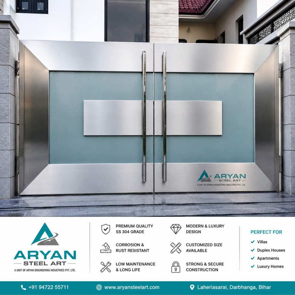 Modern stainless steel main gate design with frosted glass panels for luxury homes in Darbhanga, Bihar by Aryan Steel Art. Premium SS 304 designer entrance gate with contemporary finish.