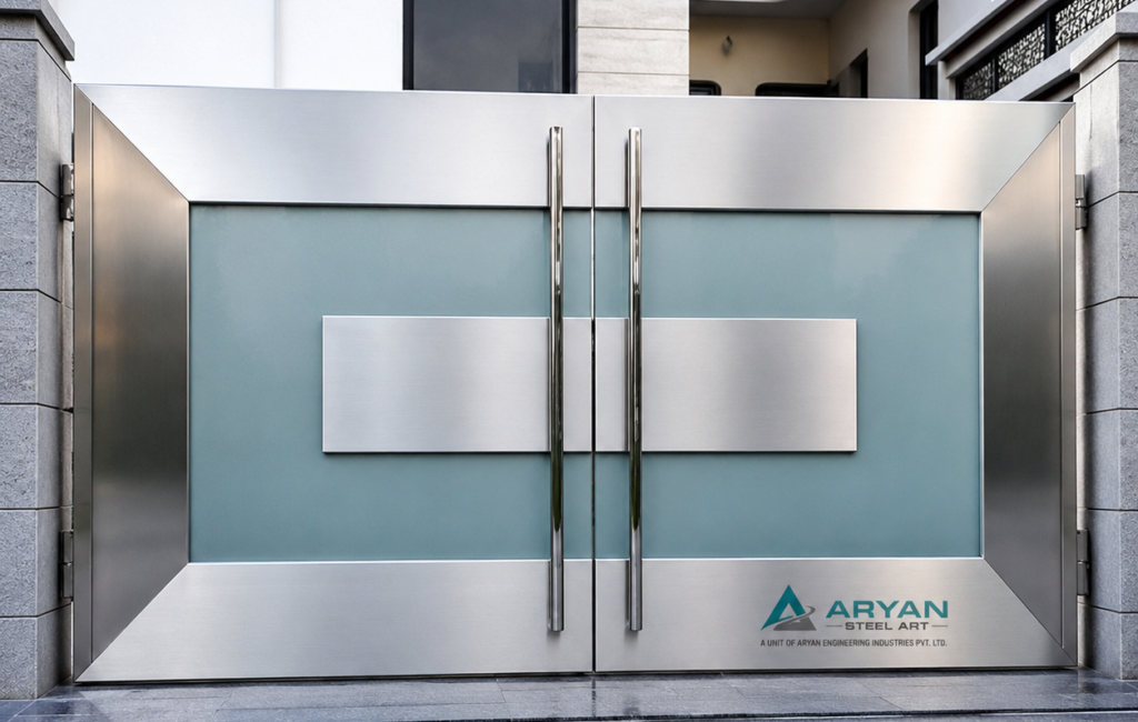 Modern stainless steel main gate design with frosted glass panels for luxury homes in Darbhanga, Bihar by Aryan Steel Art. Premium SS 304 designer entrance gate with contemporary finish.