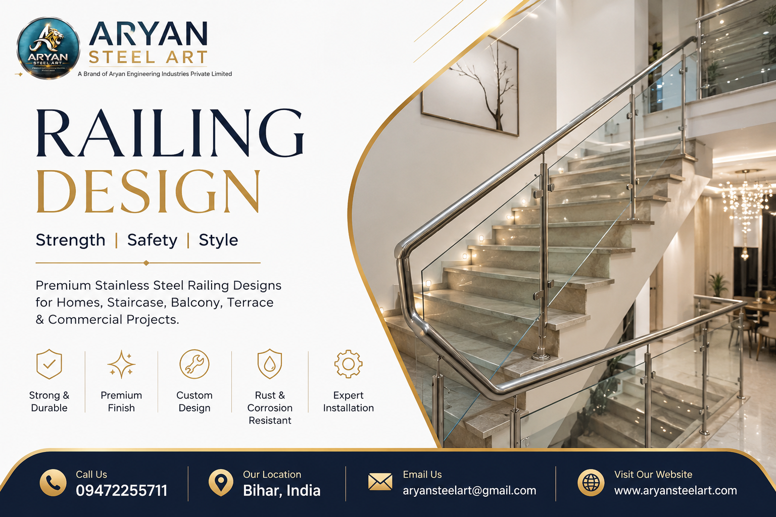Modern Best Railing Design for Home, Balcony and Staircase by Aryan Steel Art in Bihar