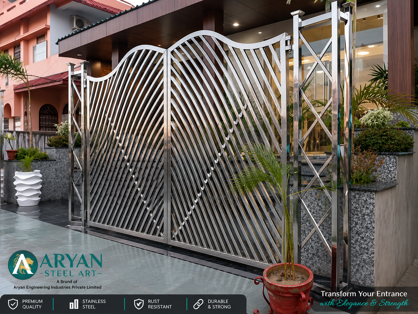 Premium stainless steel main entrance gate with modern wave pattern design installed at a luxury residential home by Aryan Steel Art, Darbhanga, Bihar.