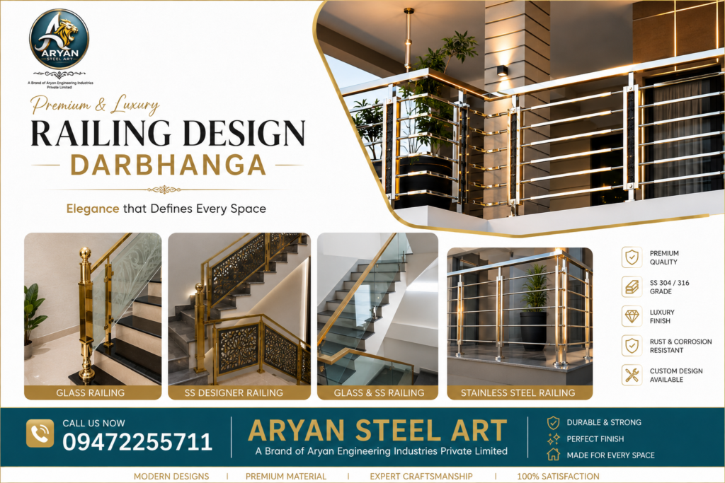 Premium stainless steel railing design Darbhanga by Aryan Steel Art with glass and SS 304 railing.