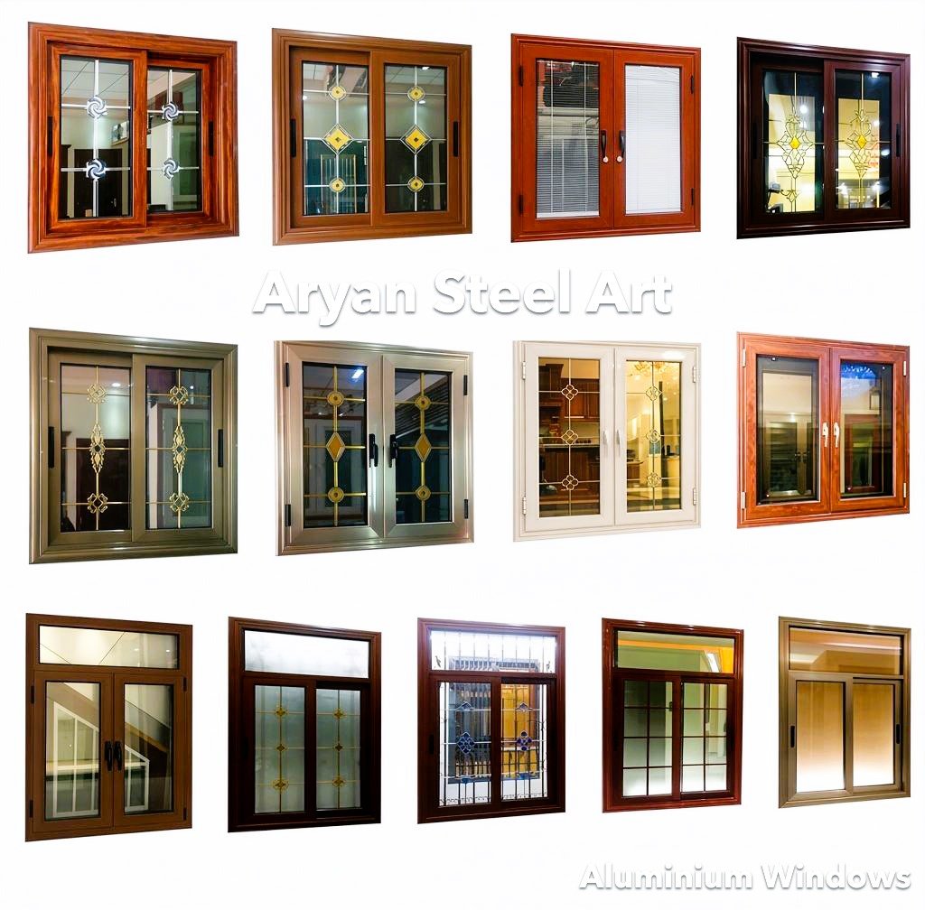 Aryan Steel Art premium aluminium windows collection – sliding, casement and decorative designs with elegant glass patterns in wood and modern finishes