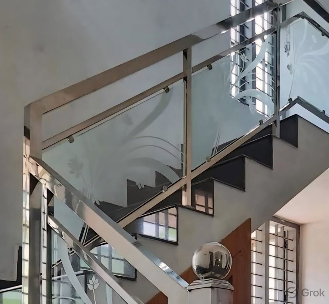 Modern glass railing in Darbhanga with SS 304 stainless steel frame for balcony and staircase by Aryan Steel Art