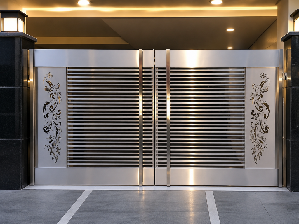 Premium Stainless Steel Main Gate manufactured by Aryan Steel Art featuring a modern SS gate design