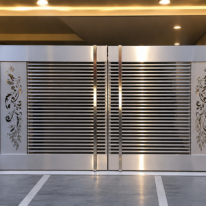 Premium Stainless Steel Main Gate manufactured by Aryan Steel Art featuring a modern SS gate design
