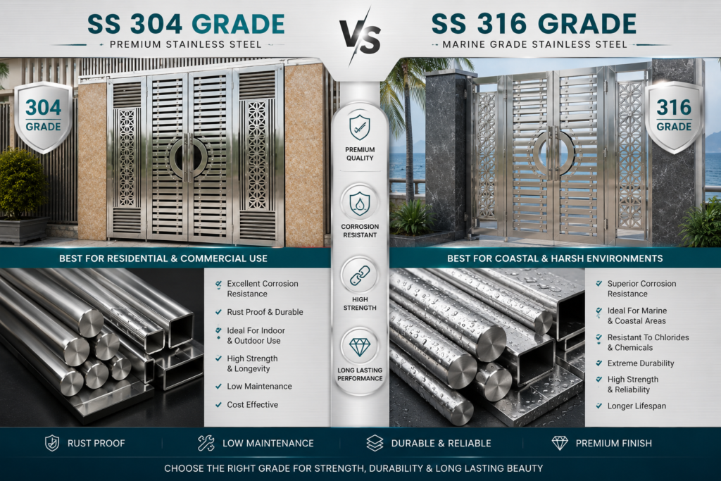 SS 304 vs SS 316 stainless steel door grade comparison showing corrosion resistance, durability, and applications