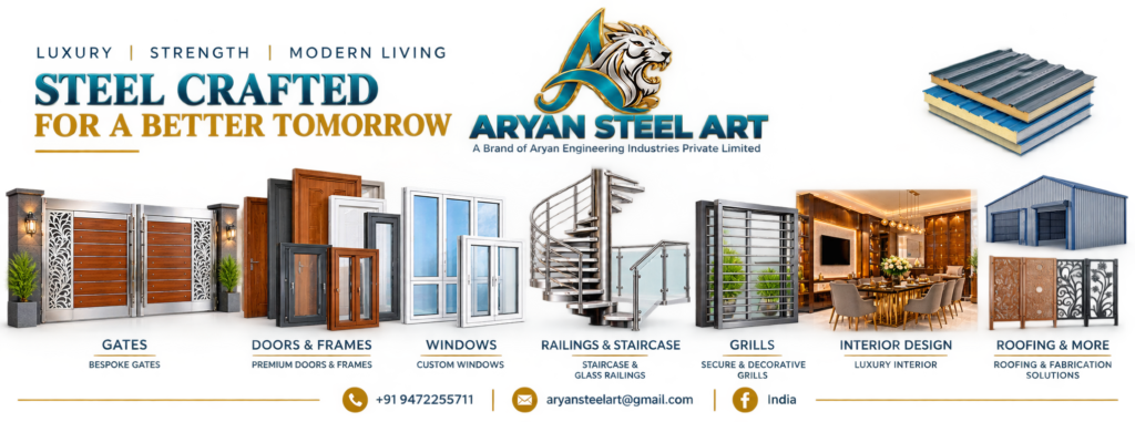 Aryan Steel Art - Luxury stainless steel main gates, designer doors, modern windows, spiral railings, interior design, and roofing solutions.