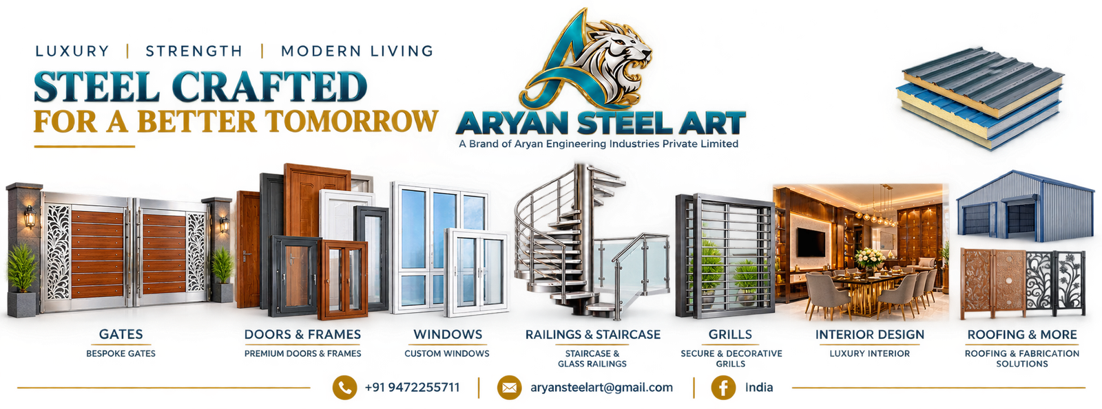 Aryan Steel Art - Luxury stainless steel main gates, designer doors, modern windows, spiral railings, interior design, and roofing solutions.