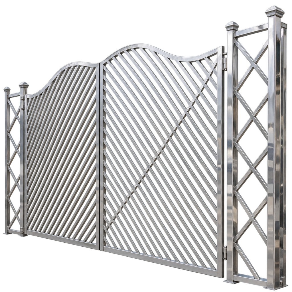 Decorative steel gate with artistic metal panels and symmetrical design patterns