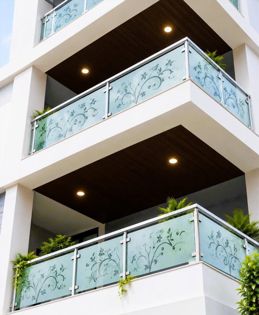 Glass balcony railing design for a modern home