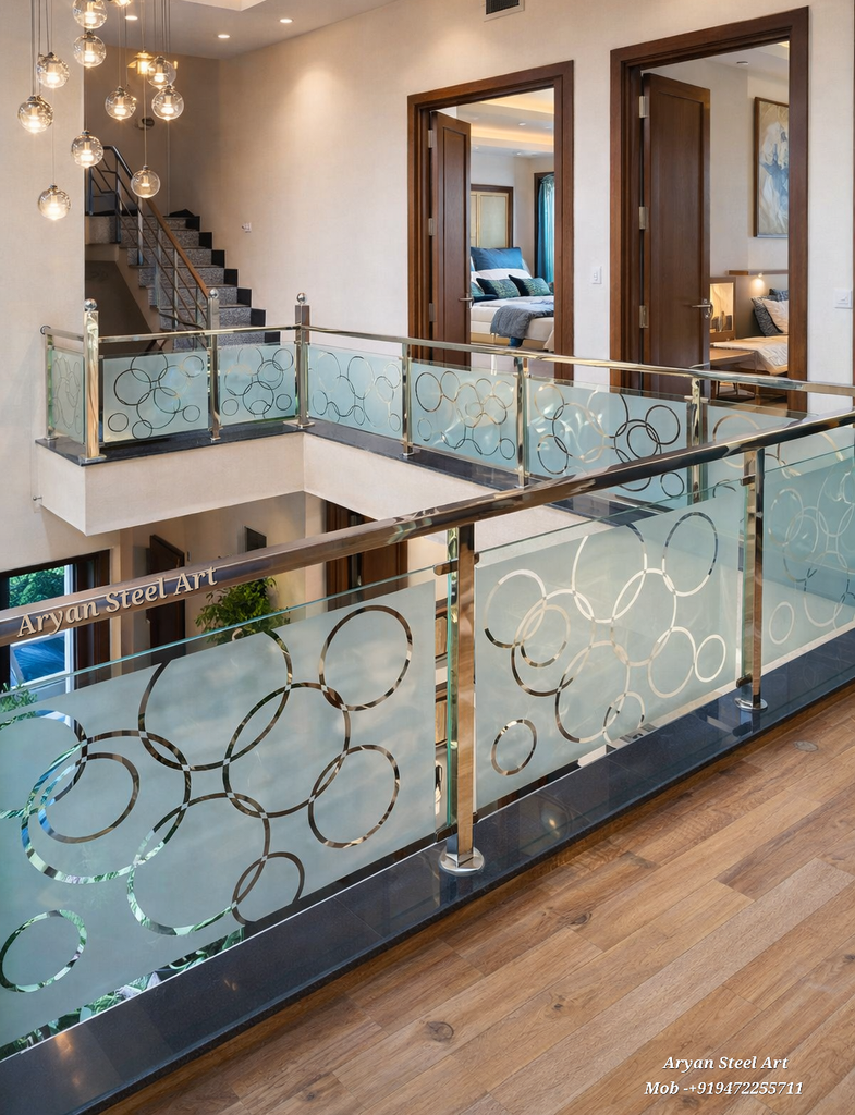 Modern glass railing price | ss glass railing design with stainless steel fittings for homes in Darbhanga