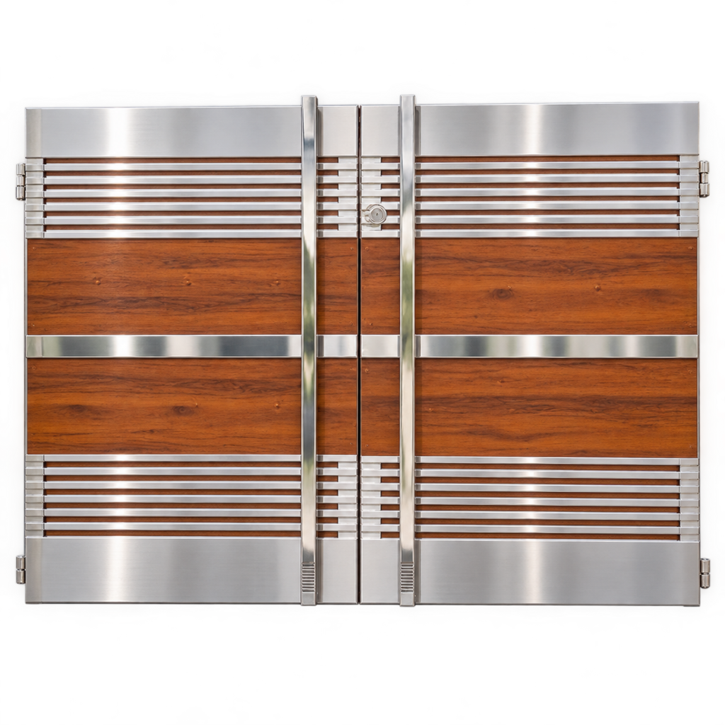 Modern architectural steel gate with geometric panels and a contemporary metal finish