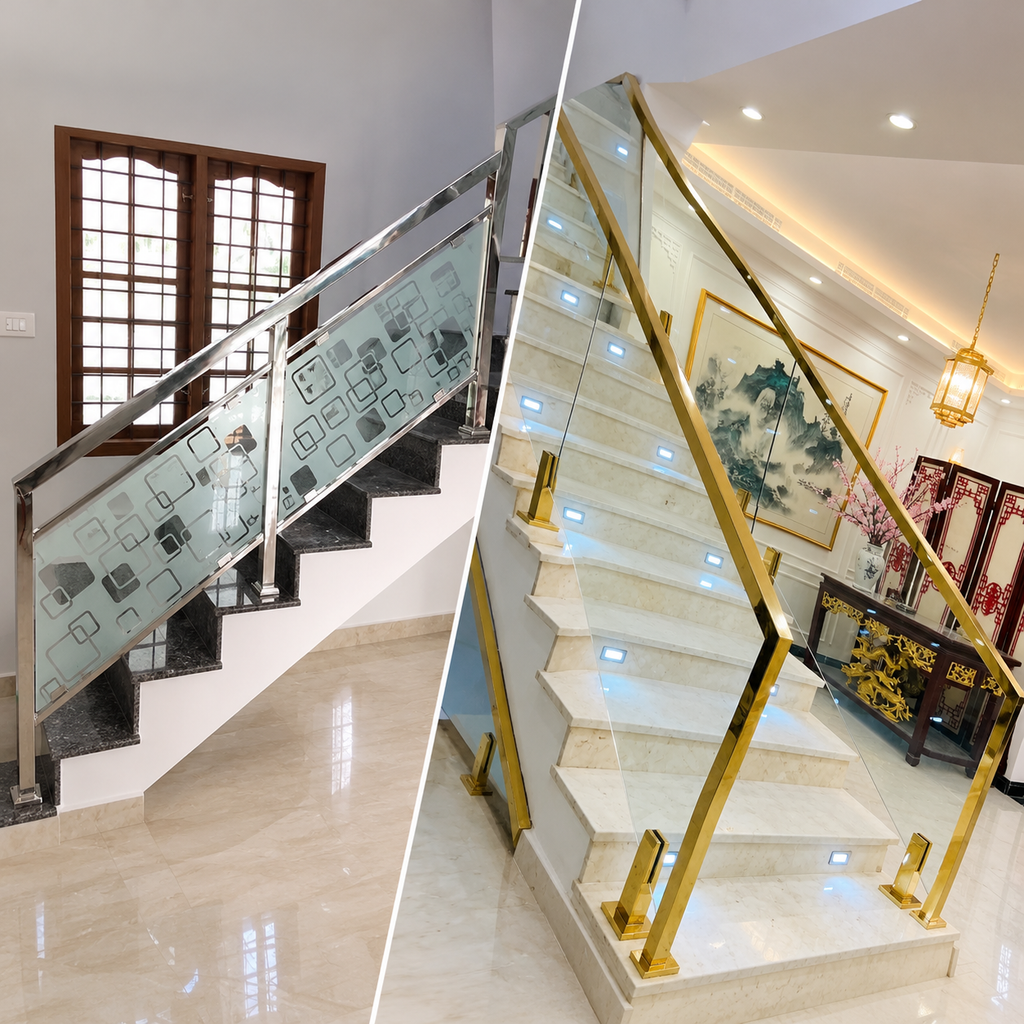 Modern and decorative steel railing designs with stainless steel and glass panels for staircases